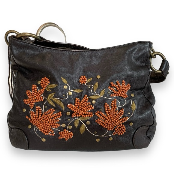CHI BY CARLOS FALCHI BROWN LEATHER BEADED & EMBROIDERED SHOULDER BAG - Picture 2 of 7